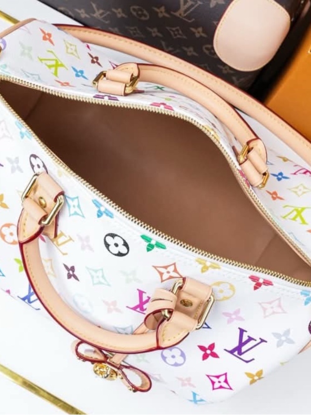 Louis Vuitton White Multicolor Monogram Satchel with Natural Leather Trim